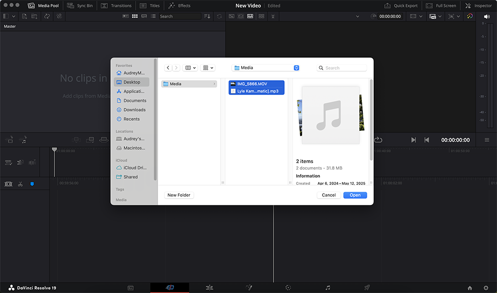 Add Music to DaVinci Resolve: Select Media Files