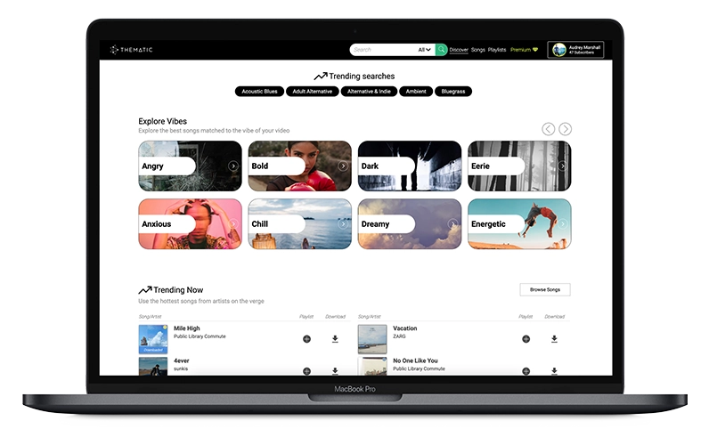 Thematic: Discover Music for Creators (Laptop View) Thematic: Discover Music for Creators (Laptop View)